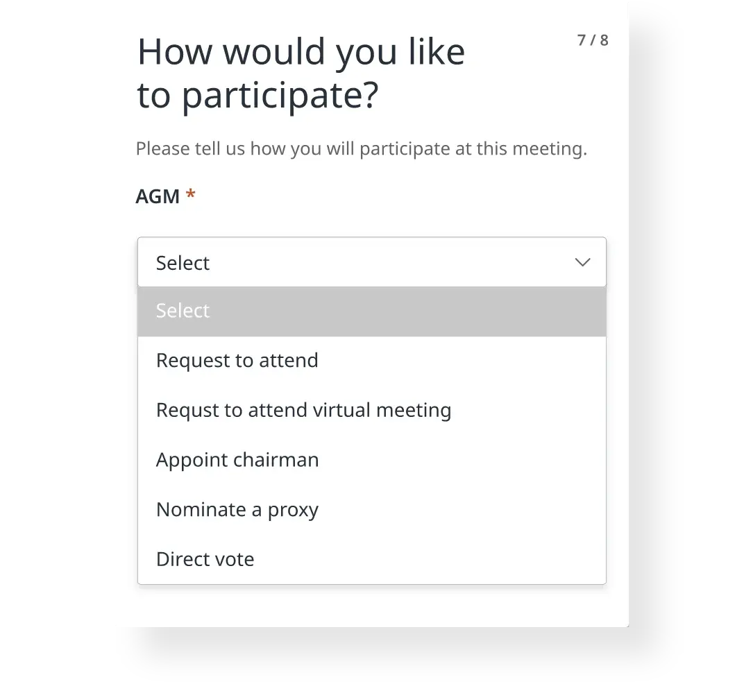 screen showing dropdown choice for participation type