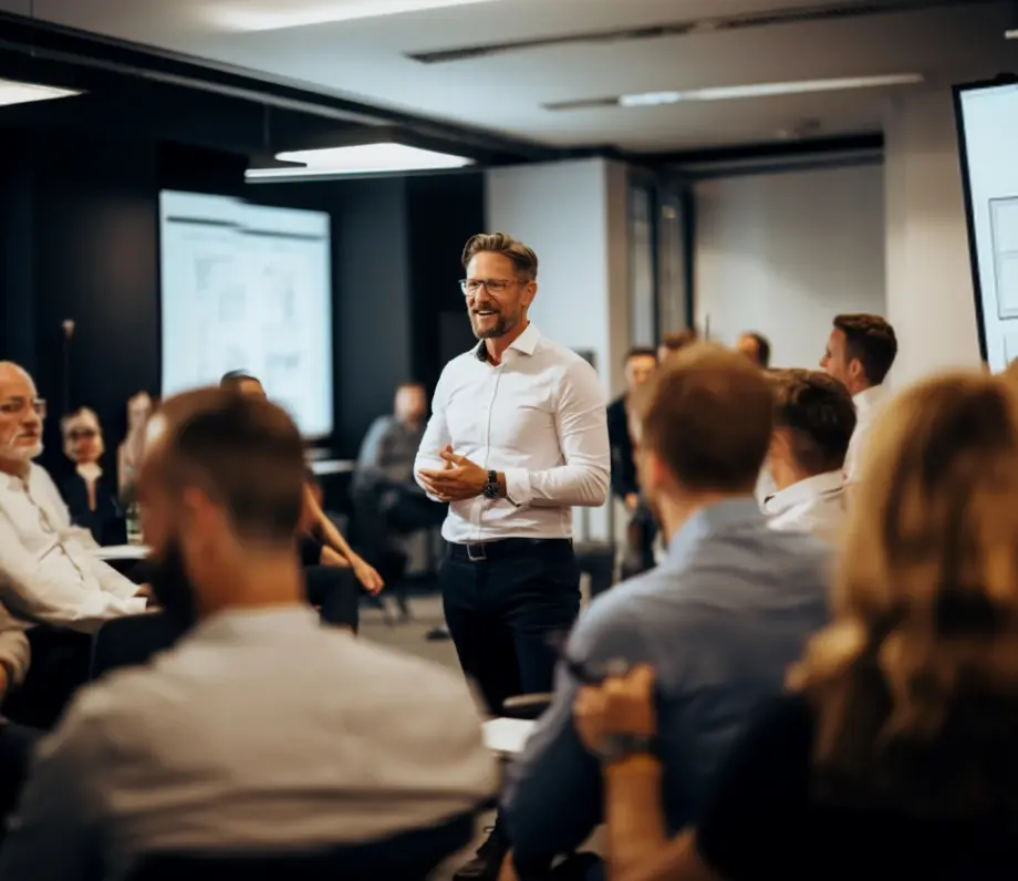 Man speaking to room of people