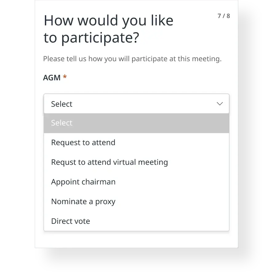 Screen showing dropdown options for participation type